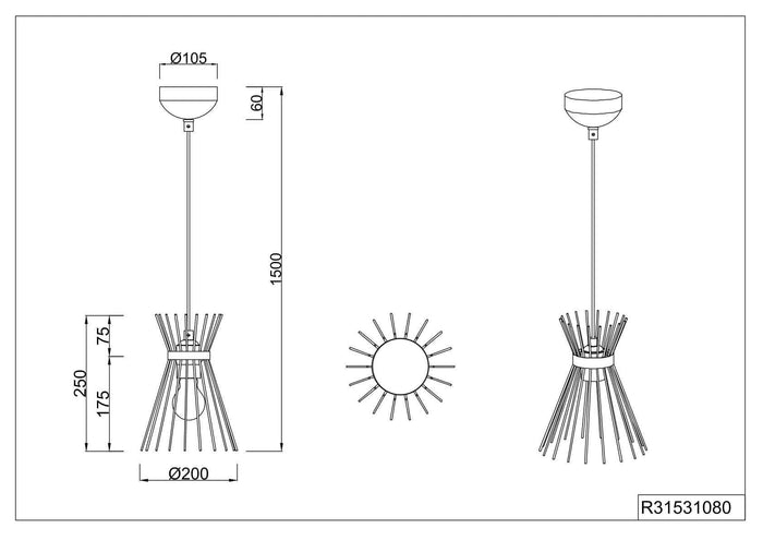 Lampada a sospensione, bacchette di metallo, nero e oro, D 20 cm, Rod