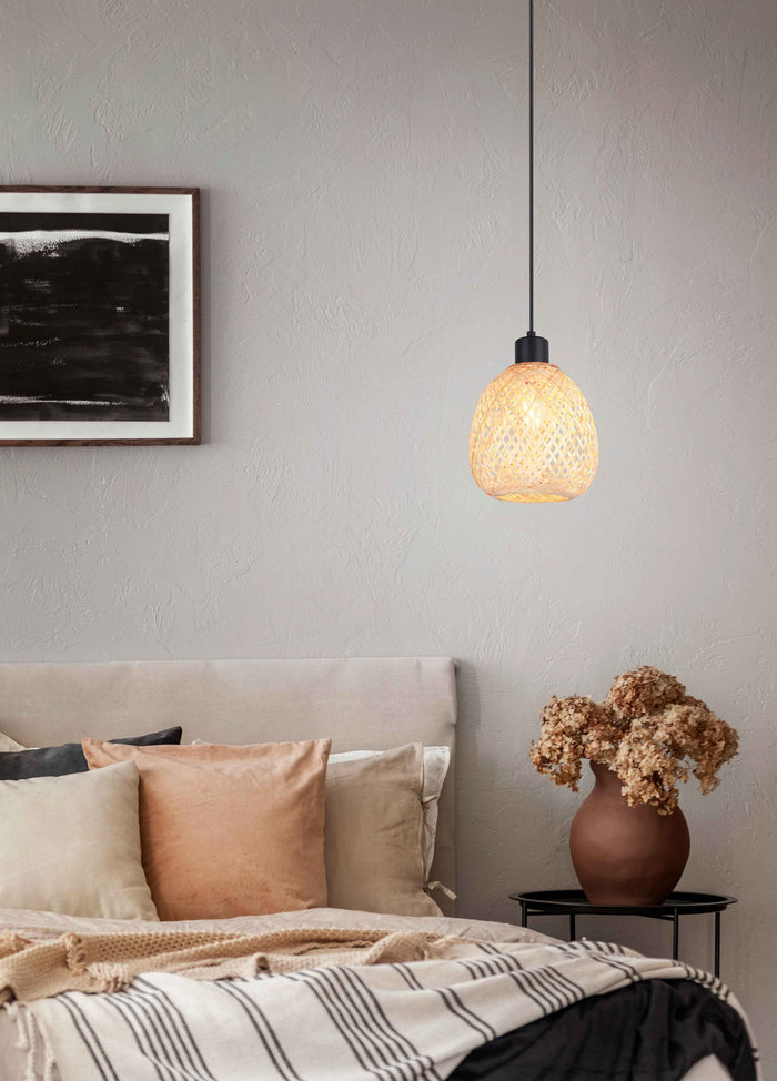 Lampada a sospensione, bambù e metallo nero, D 18 cm, Amelie