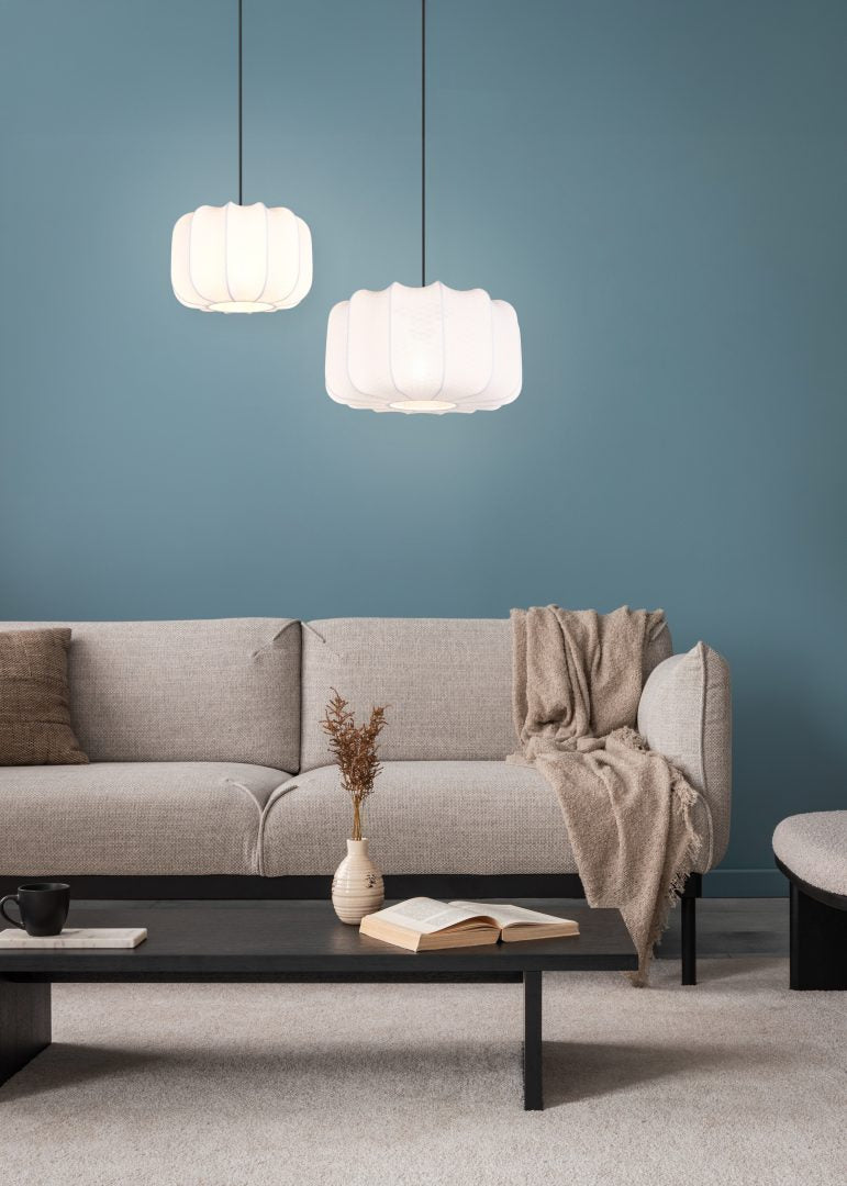 Lampada a sospensione, tessuto e metallo, bianco e nero, D 25 cm, Madeline