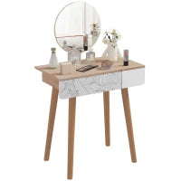 Toeletta Tavolo da Trucco con Specchio Circolare Ф39cm, Consolle Trucco con Cassetto con Decorazione Jungle, Bianco e Rovere, 70x39x119-128cm