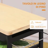 Carrello da Cucina Multiuso in Legno di Pino 74 x 37 x 75cm Nero