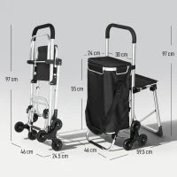 Carrello della Spesa in Alluminio con Borsa da 40L Impermeabile e Sedile, 46x59.5x97 cm, Nero e Argento