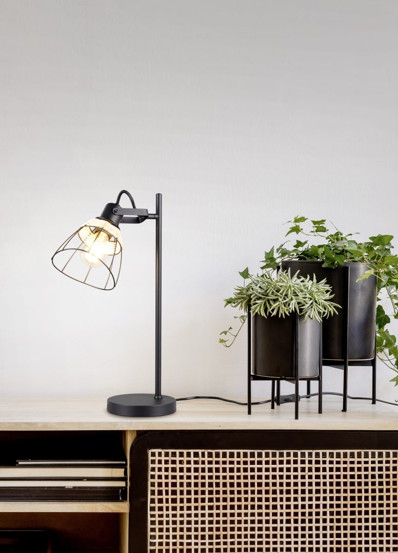 Lampada da tavolo, rattan e metallo, naturale e nero, H 50 cm, Jerome