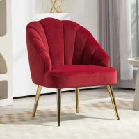 Poltrona in Velluto a Conchiglia Stile Art Deco per Camera e Soggiorno, Acciaio, 63x65x84 cm, Rosso
