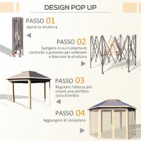 Gazebo Pieghevole da Giardino 4x3.4 m ad Altezza Regolabile con Zanzariera e Doppio Tetto, Beige