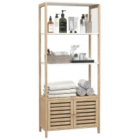 Mobile Bagno in Bambù con 3 Ripiani e Armadietto Inferiore, 63x30x138 cm, Color Legno e Bianco