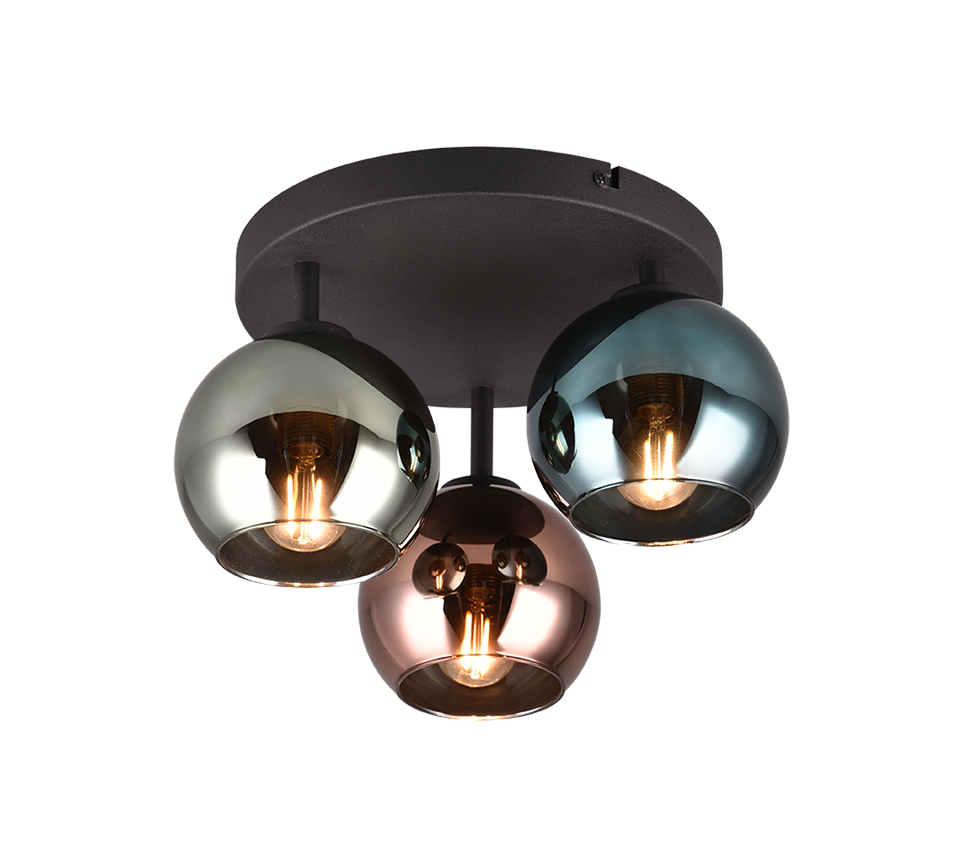 Plafoniera 3 vetri, metallo, nero e multicolor effetto fumé, D 33 cm, Sheldon