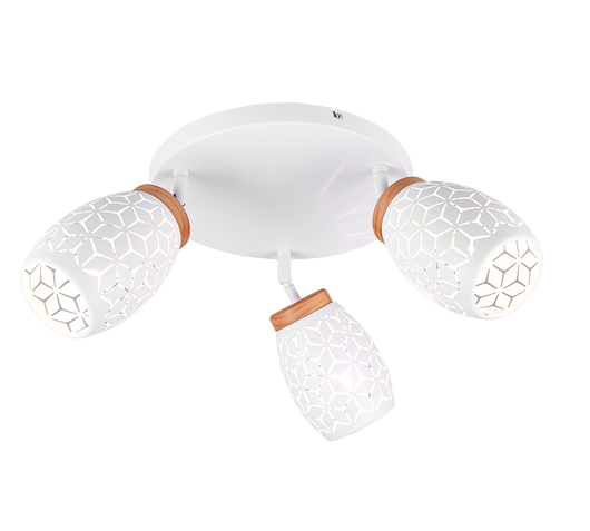 Plafoniera 3 spots, metallo, bianco e legno, D 58 cm, Bidar