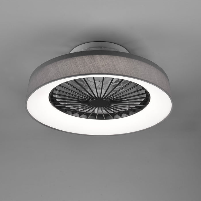 Faresund - Ventilatore e plafoniera LED Ø47 cm con bordo in tessuto grigio, telecomando, dimmer, timer, luce notturna ed effetto stelle. 3000-6500K / 3300Lm /26W