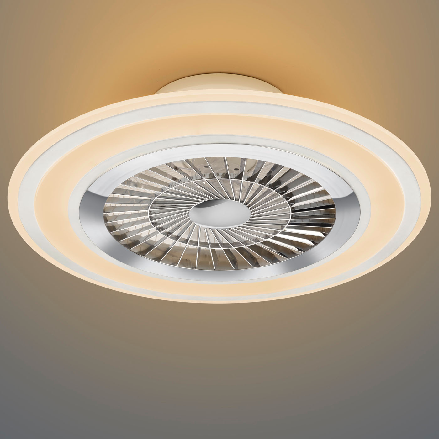 Flaga - Ventilatore e plafoniera LED Ø60 cm con bordo satinato bianco, telecomando, dimmer, timer, luce notturna ed effetto stelle. 3000-6500K / 5000Lm /40W