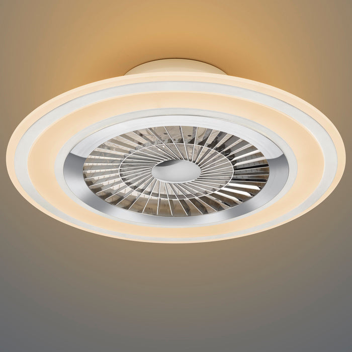 Flaga - Ventilatore e plafoniera LED Ø60 cm con bordo satinato bianco, telecomando, dimmer, timer, luce notturna ed effetto stelle. 3000-6500K / 5000Lm /40W