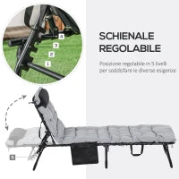 Lettino Prendisole Pieghevole con Cuscino, Poggiatesta e Tasca Laterale, 58x189x32.5 cm, Grigio Chiaro