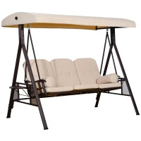 Dondolo 3 Posti con Tetto Regolabile, Portabicchieri e Cuscini, in Metallo e Poliestere, 208x121x172 cm, Beige