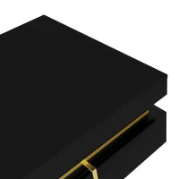 Tavolino da salotto laccato lucido con cassetti e dettagli dorati, 70×70×35,5 cm, Nero