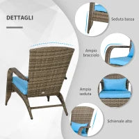 Sedia da Giardino Adironrack con Braccioli, in Rattan e Acciaio, 64x80x90 cm, Marrone e Blu