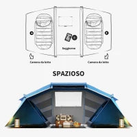 Tenda da Campeggio 4 Posti con 2 Zone Notte e Borsa da Trasporto, 430×240×170 cm, Bianco e Azzurro