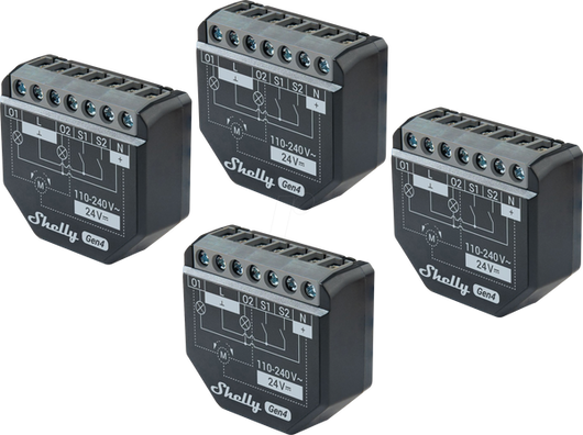 Shelly 2PM Gen4 confezione da 4 - interruttore relè con misurazione della potenza 2x 10A (WiFi, Bluetooth, Zigbee, Matter)