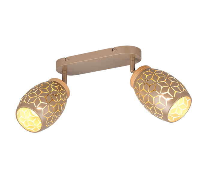 Barra 2 spots, metallo, caffè e legno, L 28 cm, Bidar