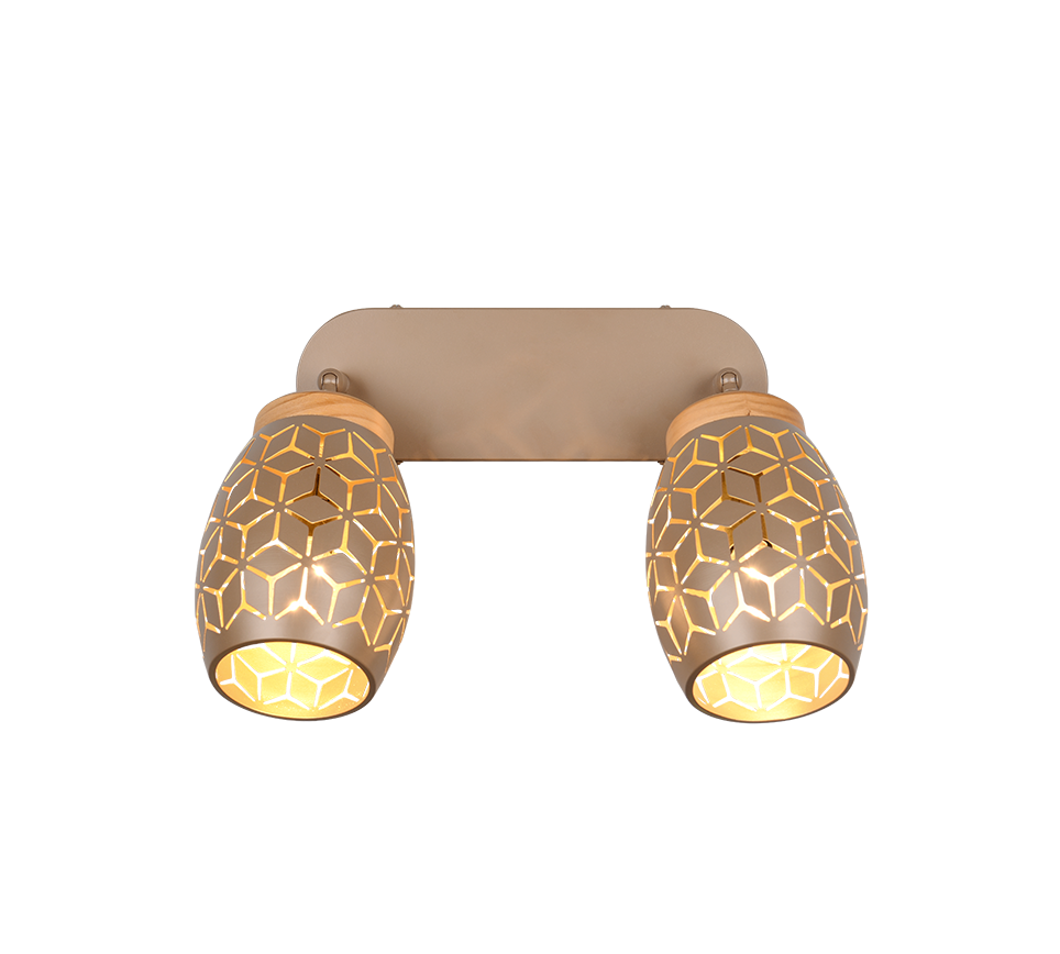 Barra 2 spots, metallo, caffè e legno, L 28 cm, Bidar