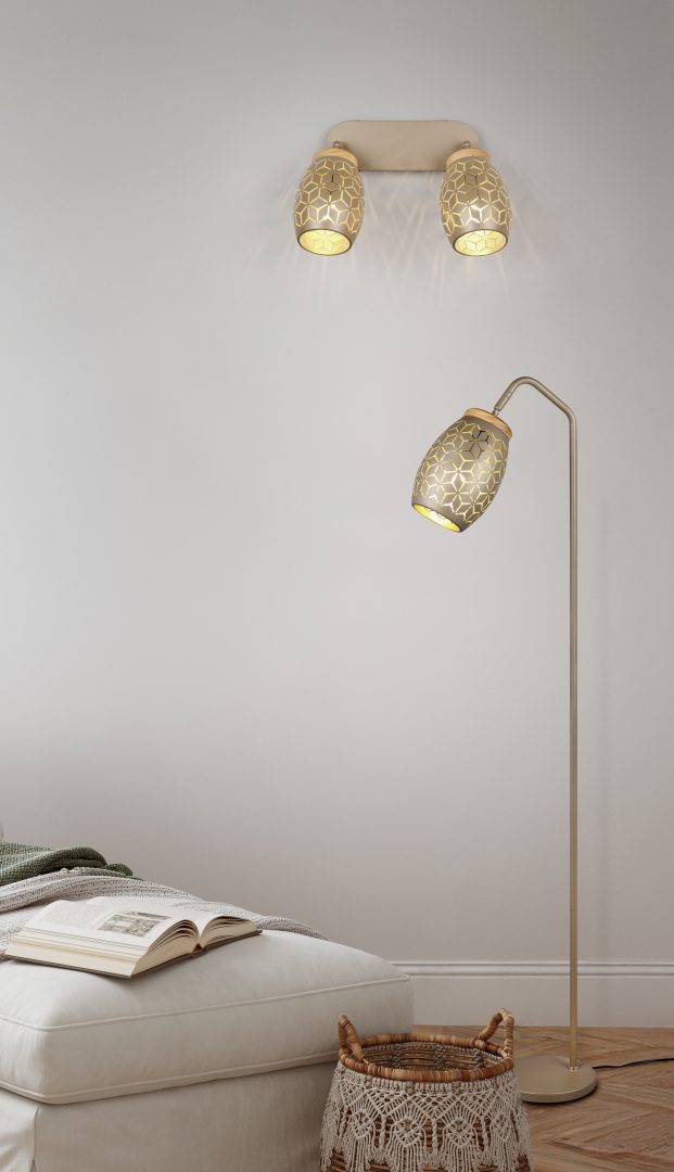 Barra 2 spots, metallo, caffè e legno, L 28 cm, Bidar