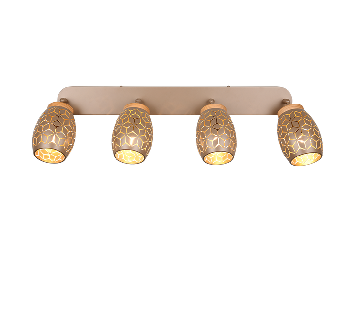 Barra 4 spots, metallo, caffè e legno, L 74 cm, Bidar