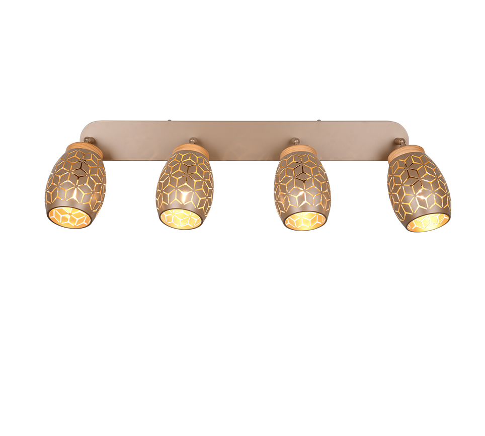 Barra 4 spots, metallo, caffè e legno, L 74 cm, Bidar