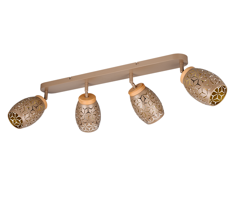 Barra 4 spots, metallo, caffè e legno, L 74 cm, Bidar