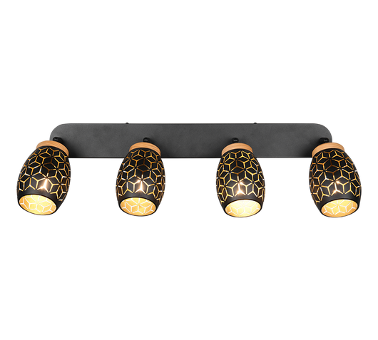 Barra 4 spots, metallo, nero e legno, L 74 cm, Bidar