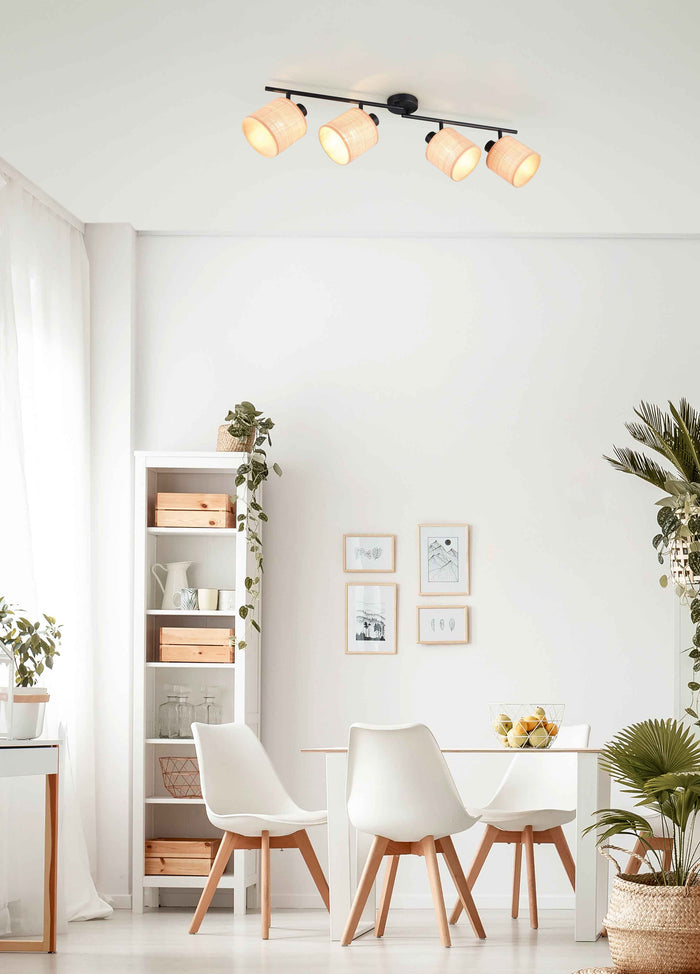 Barra 4 spots, fibre naturali e metallo nero, L 88 cm, Aimee