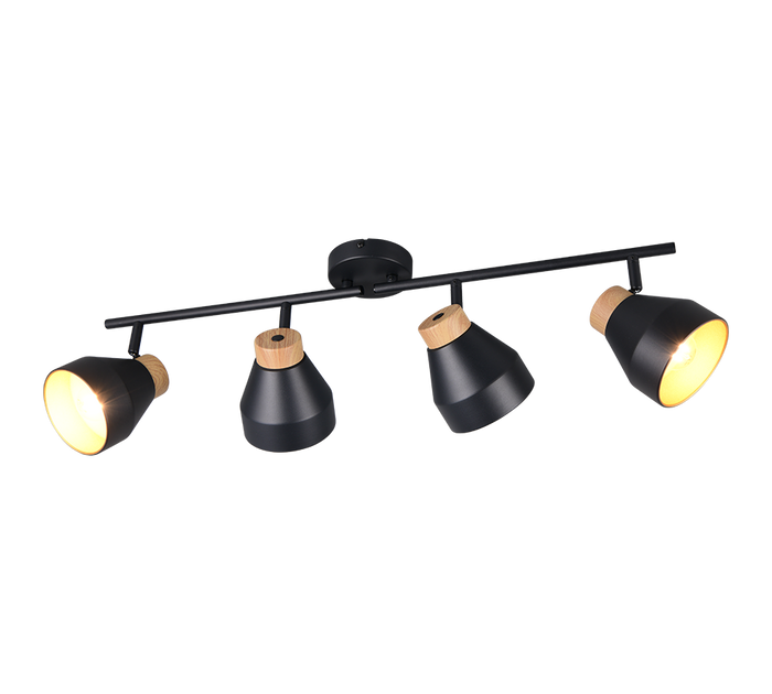 Barra 4 spots, metallo e legno, nero e oro, L 72 cm, Valentin