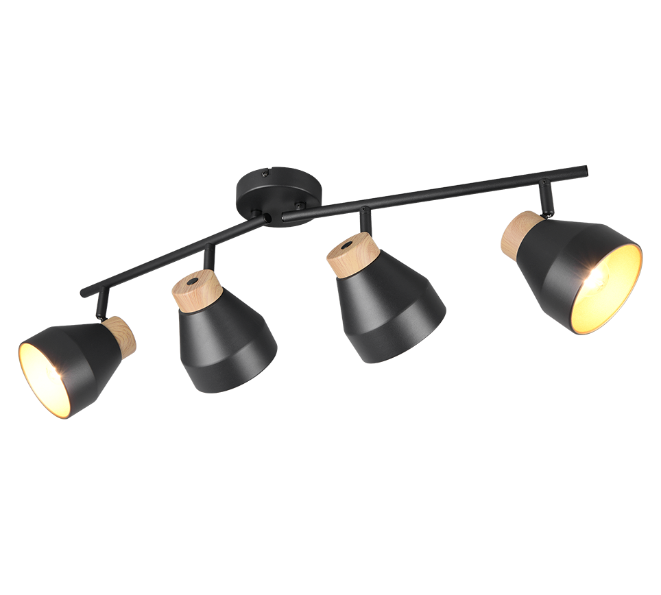 Barra 4 spots, metallo e legno, nero e oro, L 72 cm, Valentin