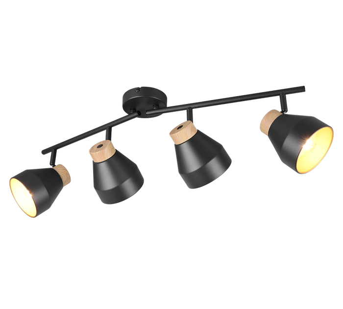 Barra 4 spots, metallo e legno, nero e oro, L 72 cm, Valentin