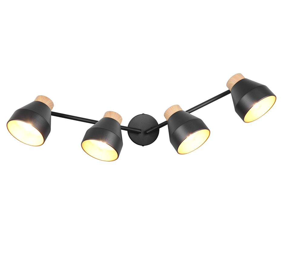Barra 4 spots, metallo e legno, nero e oro, L 72 cm, Valentin