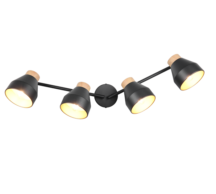 Barra 4 spots, metallo e legno, nero e oro, L 72 cm, Valentin