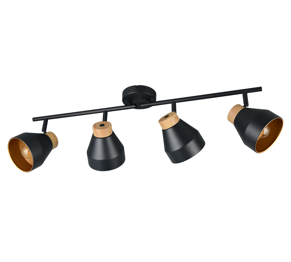 Barra 4 spots, metallo e legno, nero e oro, L 72 cm, Valentin
