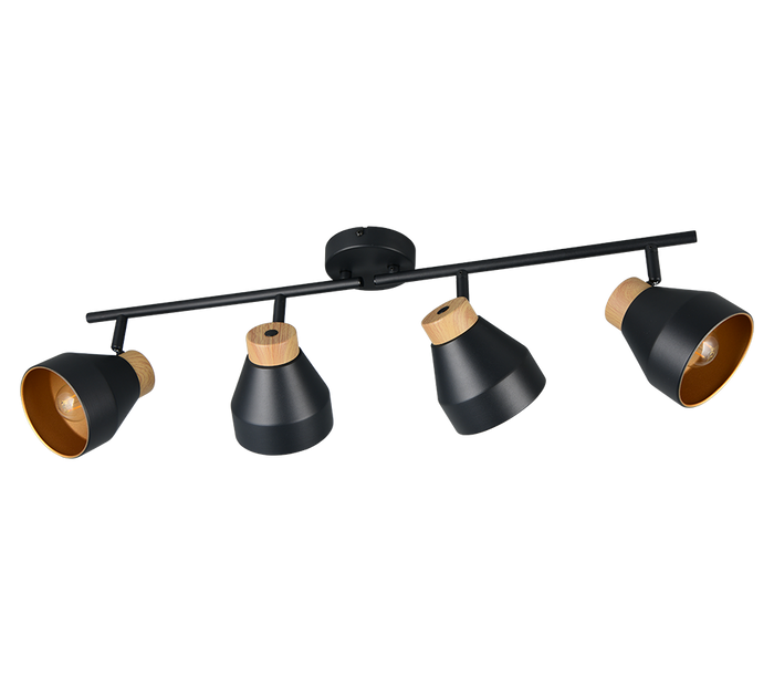 Barra 4 spots, metallo e legno, nero e oro, L 72 cm, Valentin