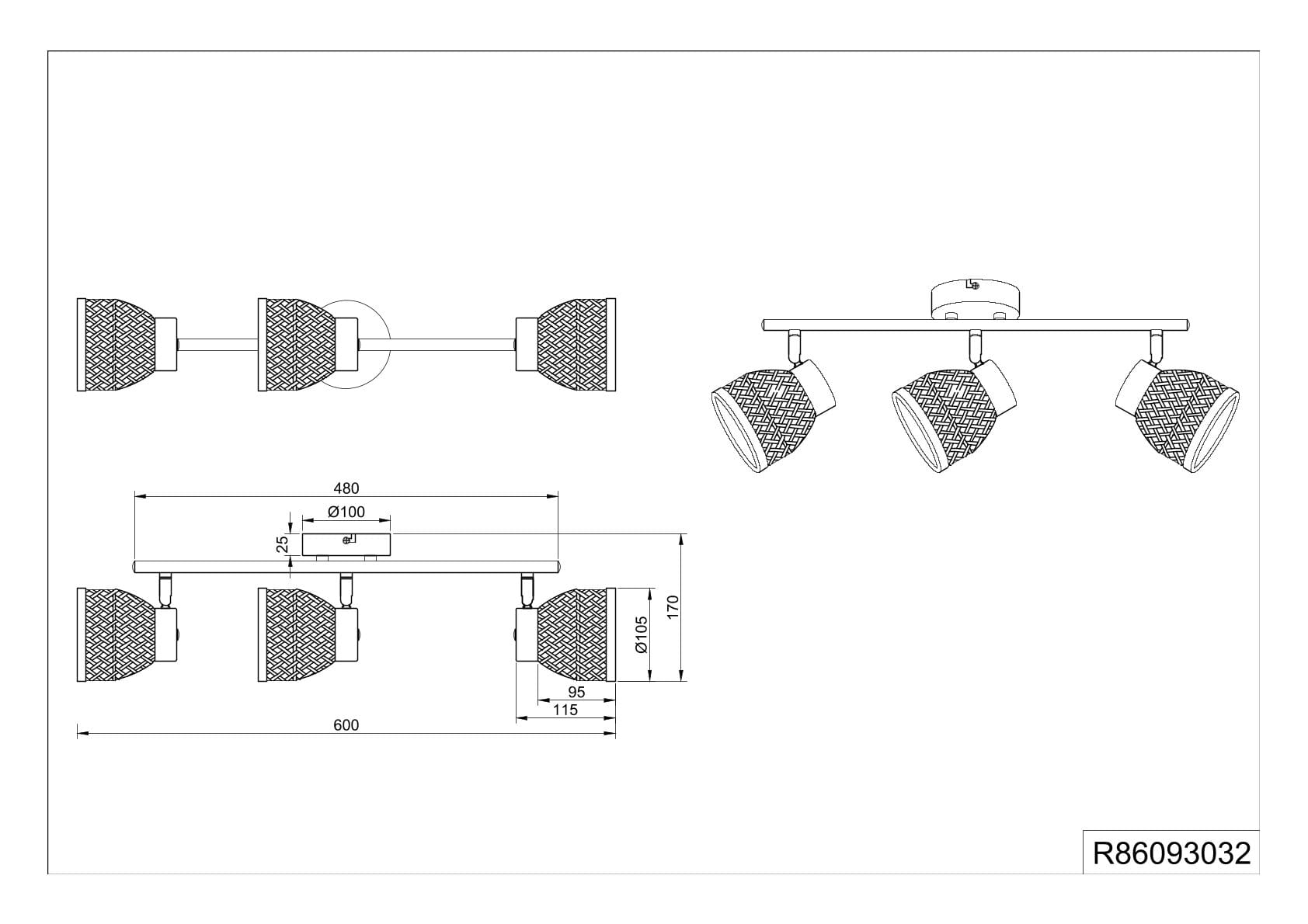 Barra 3 spots, bambù e metallo, naturale e nero, L 60 cm, Laurent