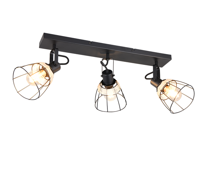 Barra 3 spots, rattan e metallo, naturale e nero, L 62 cm, Jerome