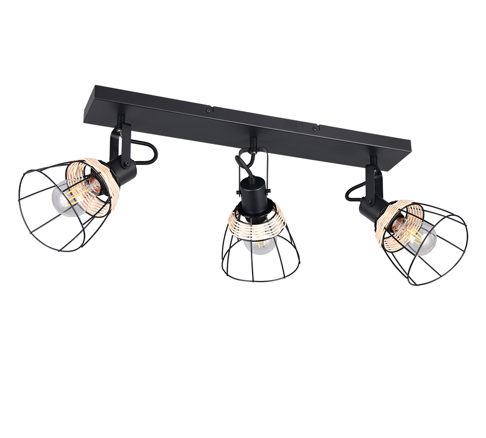 Barra 3 spots, rattan e metallo, naturale e nero, L 62 cm, Jerome