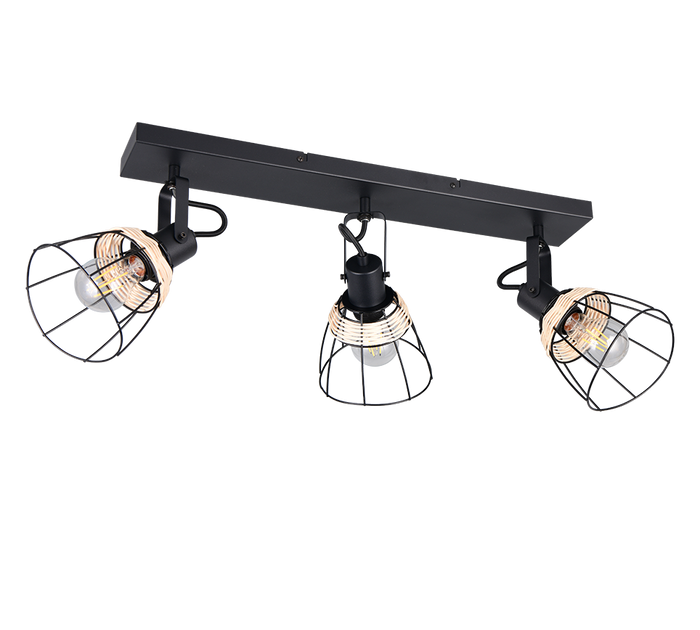 Barra 3 spots, rattan e metallo, naturale e nero, L 62 cm, Jerome