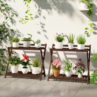 Set 2 Portapiante a 2 Livelli con Design a Doghe in Legno di Abete, 73x36x64 cm, Marrone Bruciato