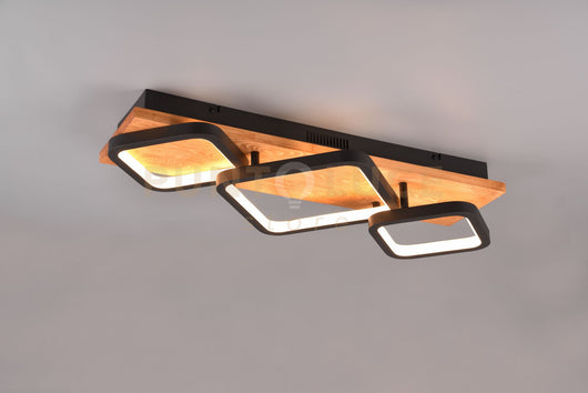 RAMA PLAFONIERA LED 32W  3800lm, 3000K 3 QUADRATI NERI CON BASE LEGNO NATURALE DIMMERABILE CON INTERRUTTORE L. 68CM
