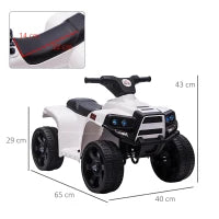 Quad Elettrico per Bambini ATV 6V, Quad per Bambini con Fari e Clacson, Velocità 3km/h, Età 18-36 Mesi, 65x40x43cm, Nero Bianco