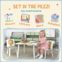 Set Arredo Cameretta con Tavolo e 2 Sedie per Bambini da 3-8 Anni con Fantasia con Animali, Verde
