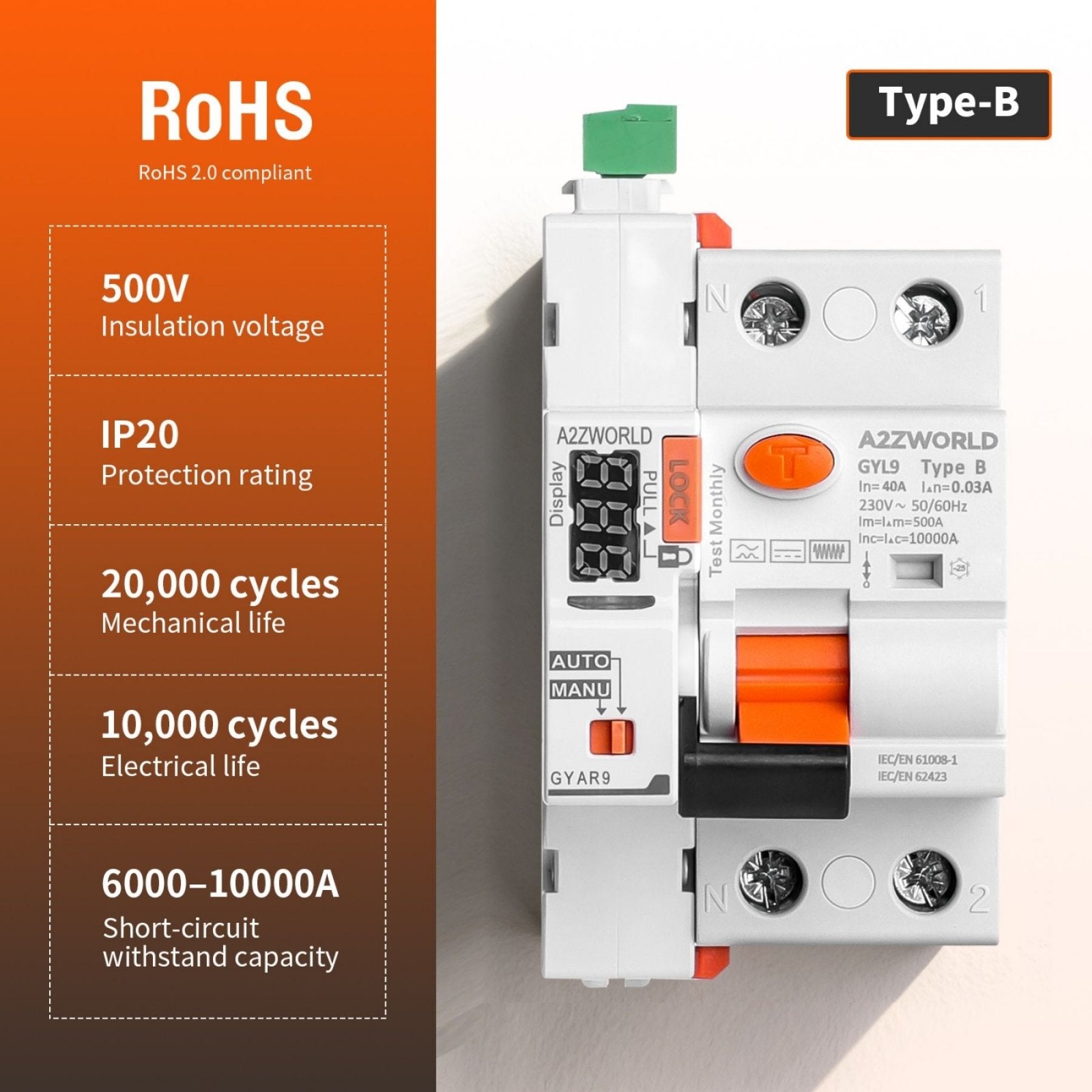 RCCB Interruttore Differenziale Riarmo Automatico Tipo B 1P+N 3M 10000A 300mA 40A AC 230V IP20 IEC61008-1 / IEC62423 GYL9