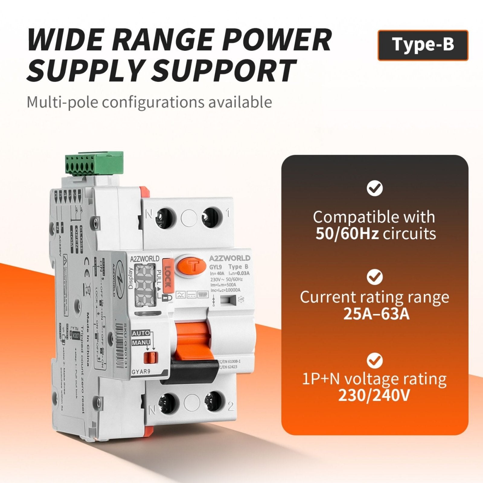 RCCB Interruttore Differenziale Riarmo Automatico Tipo B 1P+N 3M 10000A 300mA 63A AC 230V IP20 IEC61008-1 / IEC62423 GYL9