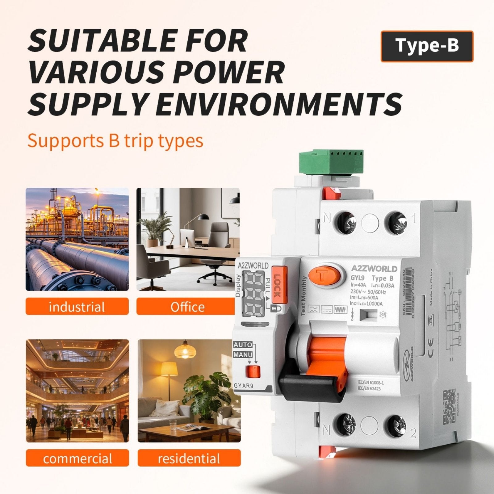RCCB Interruttore Differenziale Riarmo Automatico Tipo B 1P+N 3M 10000A 300mA 63A AC 230V IP20 IEC61008-1 / IEC62423 GYL9