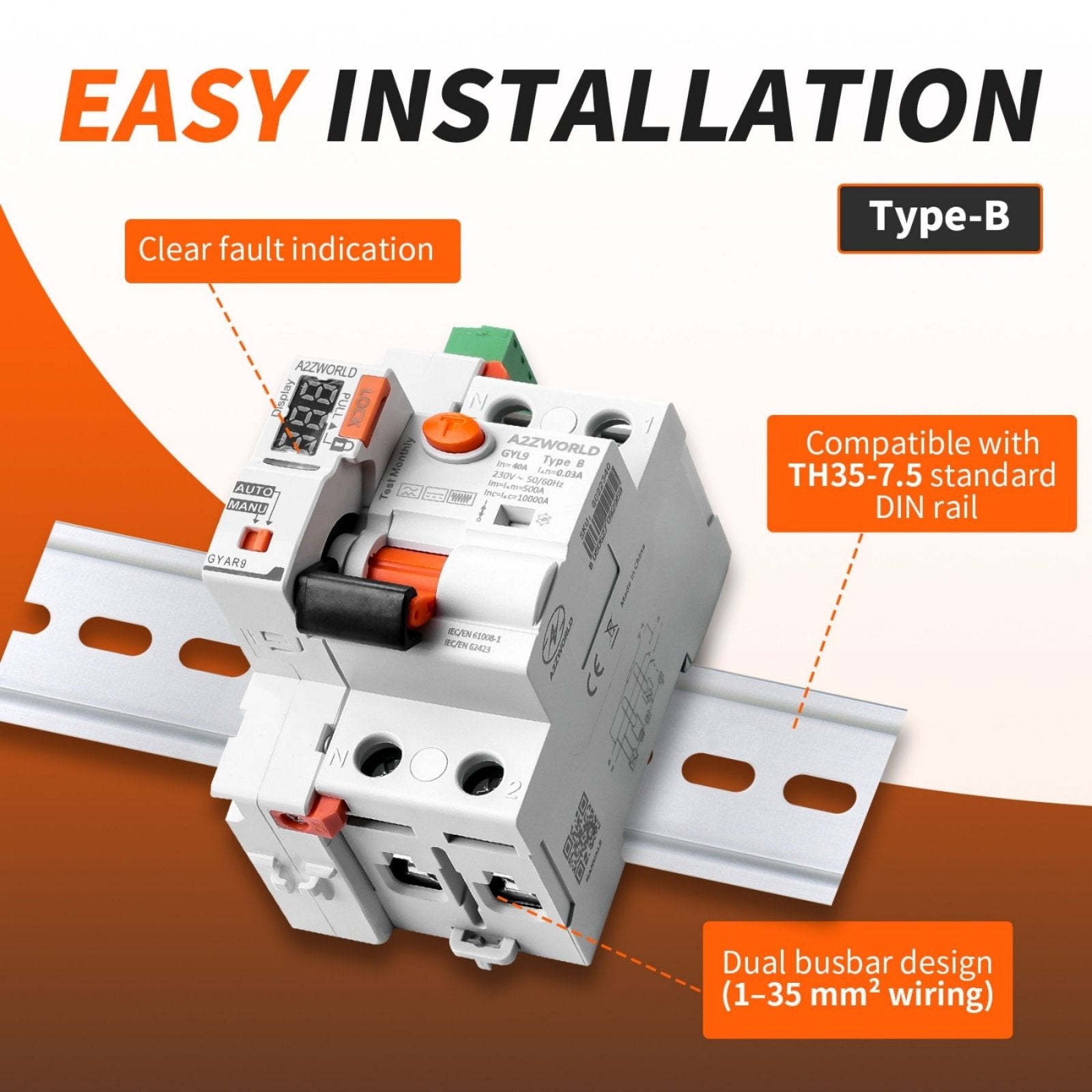 RCCB Interruttore Differenziale Riarmo Automatico Tipo B 1P+N 3M 10000A 300mA 63A AC 230V IP20 IEC61008-1 / IEC62423 GYL9