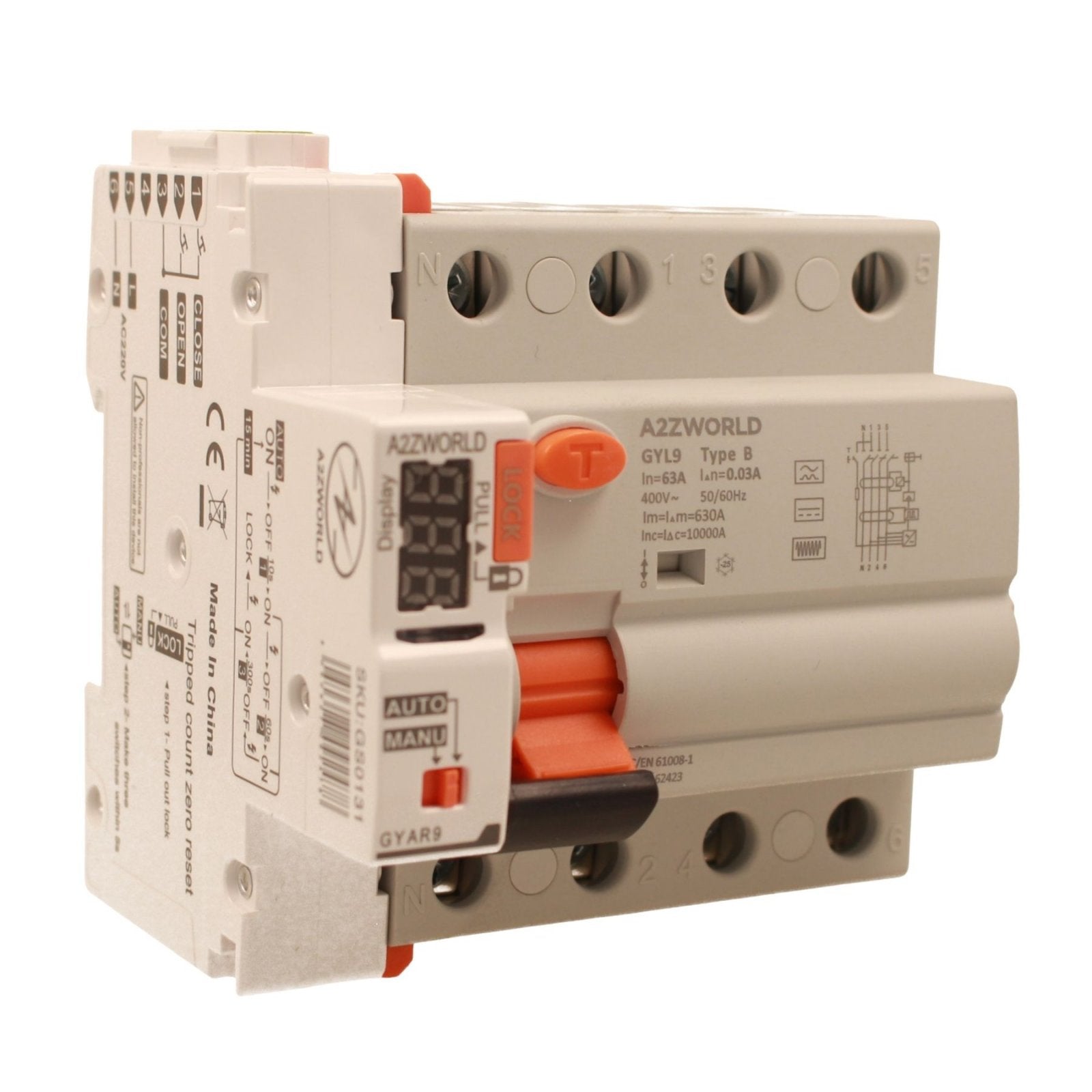 RCCB Interruttore Differenziale Riarmo Automatico Tipo B 3P+N 5M 10000A 30mA 63A AC 400V IP20 IEC61008-1 / IEC62423 GYL9