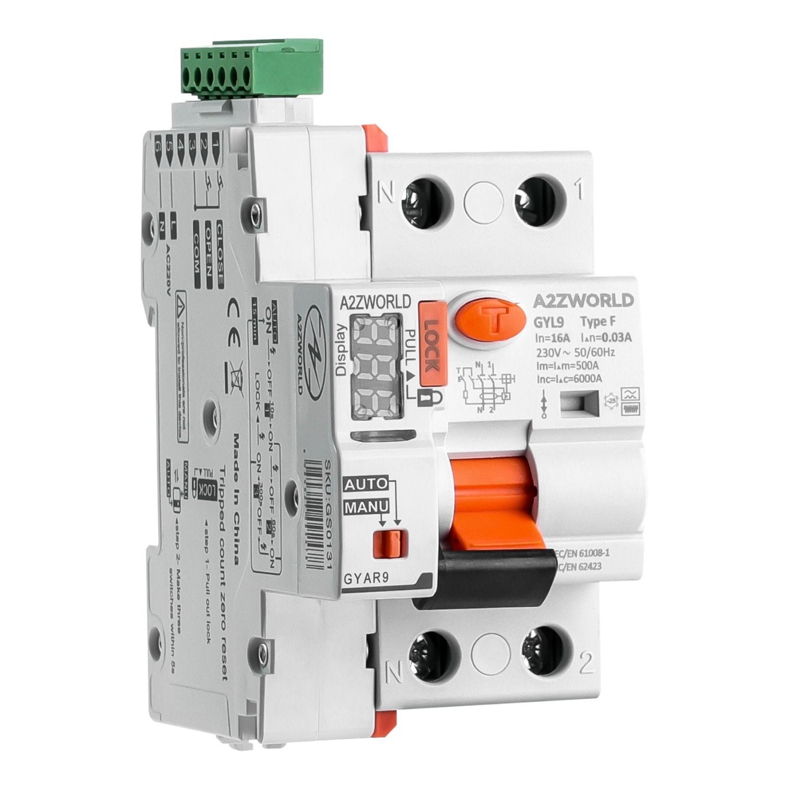 RCCB Interruttore Differenziale Riarmo Automatico Tipo F 1P+N 3M 6000A 30mA 16A AC 230V IP20 IEC61008-1 GYL9